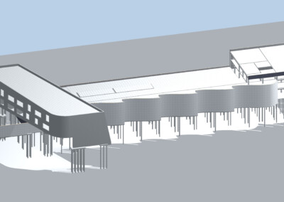 Modélisation 3D d'un bâtiment moderne avec une structure en forme de L, toit plat et multiples piliers verticaux.