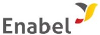 Logo d'Enabel avec un design abstrait jaune, rouge et gris à droite du texte noir sur fond blanc.