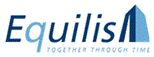 Logo d'Equilis avec texte bleu et une silhouette de bâtiment stylisée à droite. Slogan "Together Through Time" en dessous.