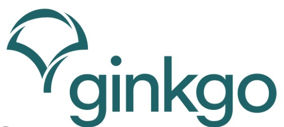 Logo vert représentant une feuille stylisée de ginkgo à gauche du texte "ginkgo" sur fond blanc.