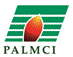 Logo de PALMCI avec un fond vert, des lignes blanches horizontales et une forme ovale orange au centre.
