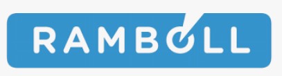 Logo bleu avec le mot "Ramboll" en blanc, souligné par une flèche pointant vers le haut.