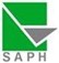 Logo SAPH en vert et gris avec une forme géométrique angulaire, fond blanc.