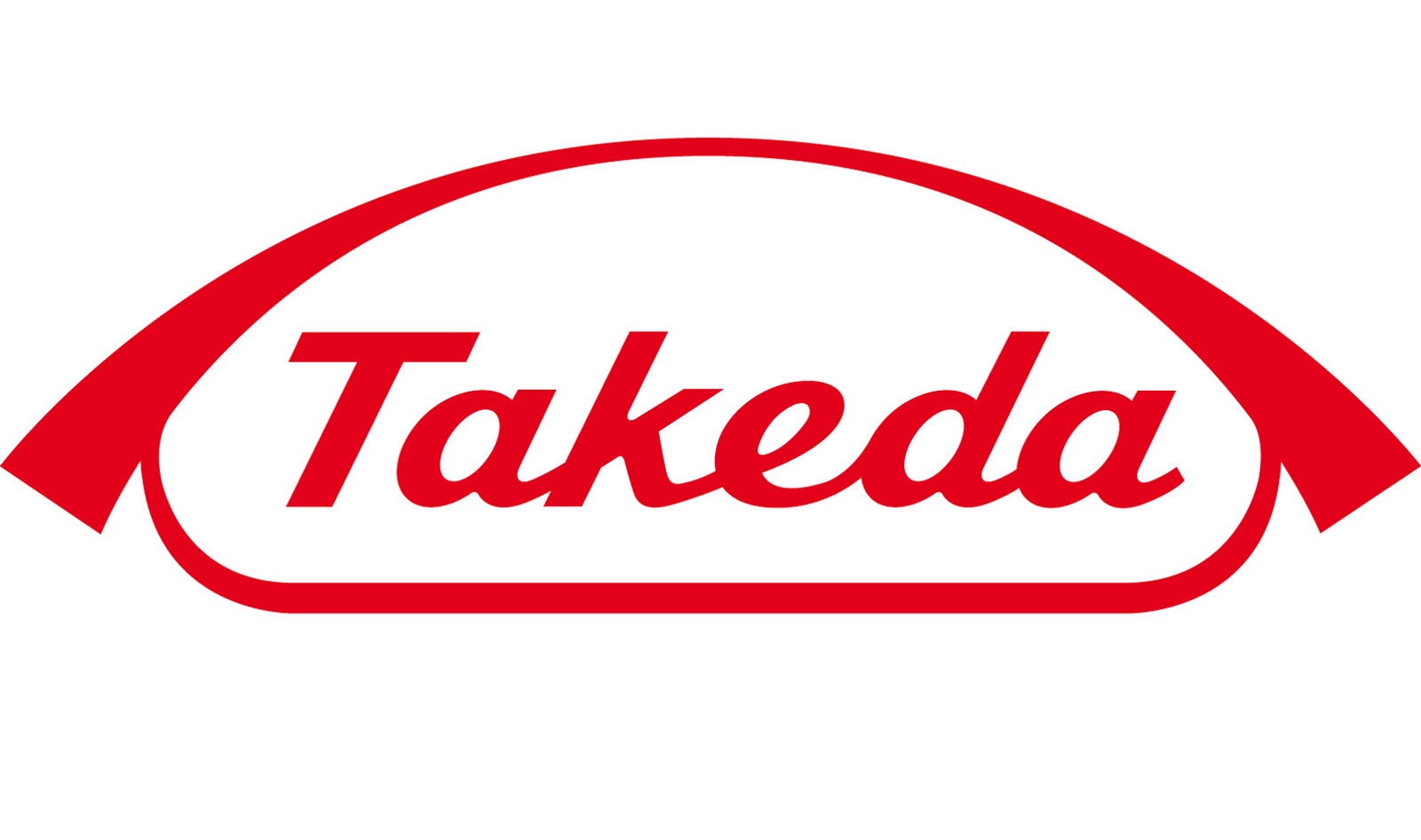 Logo Takeda rouge sur fond blanc, avec un arc rouge au-dessus du texte stylisé.