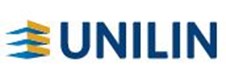 Logo de l'entreprise UNILIN avec des éléments graphiques bleus et jaunes à gauche du texte.