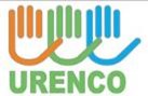 Logo URENCO avec trois mains stylisées en orange, vert et bleu sur un fond blanc.