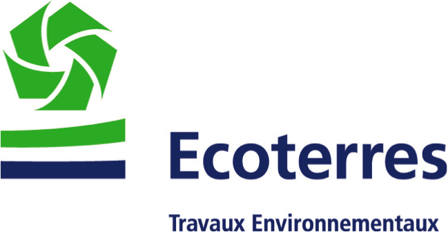 Logo d'Ecoterres avec un symbole vert et bleu représentant des travaux environnementaux, accompagné du texte "Travaux Environnementaux".