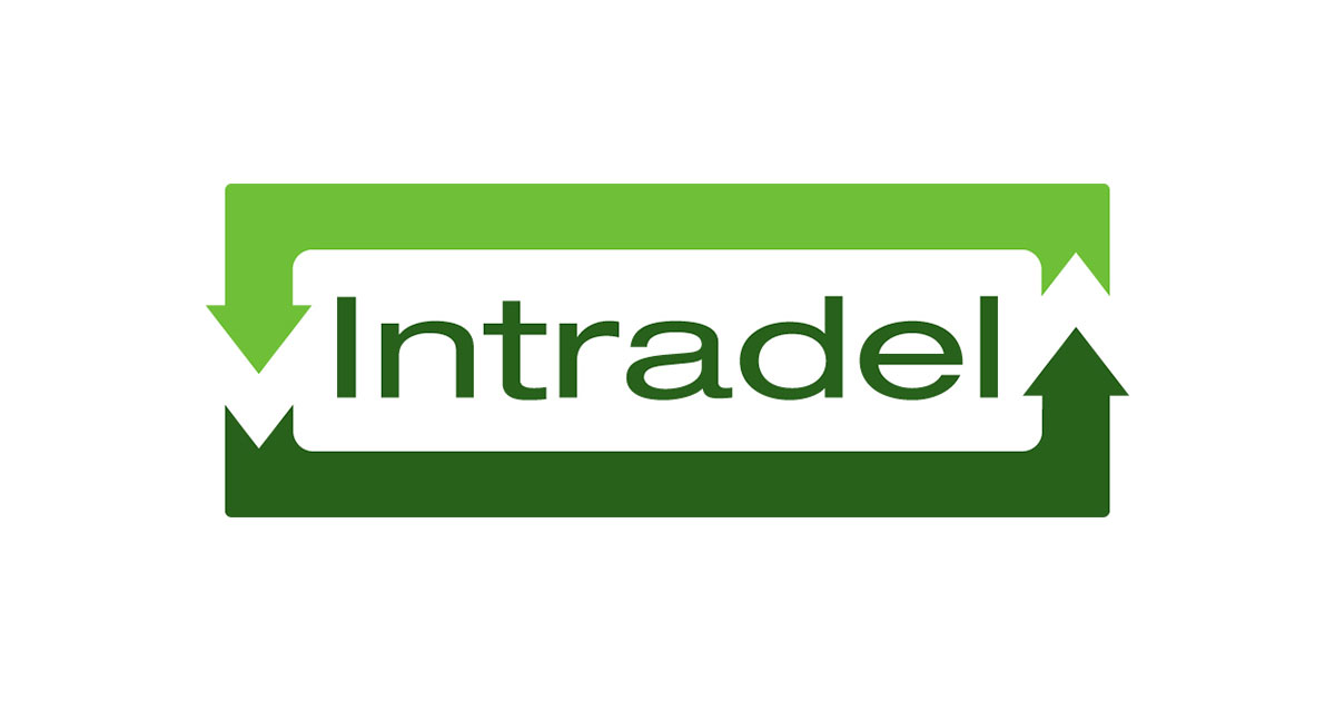 Logo Intradel avec texte vert foncé sur fond blanc, entouré de flèches vert clair et foncé.